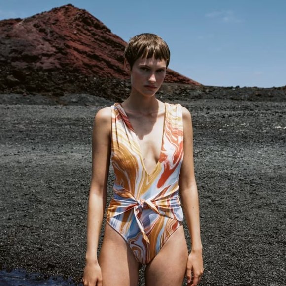 ZARA Women's SWIMSUIT One-Piece Marble V-Neck SMALL Tie Swimwear Summer Beachwea - Picture 5 of 5